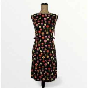 Vtg 60s Lanz Shift Dress Womens Size 11 Black Bold Floral Buttons EW Edwards NOS